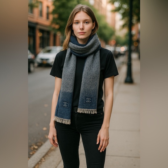 CHANEL Elegant Blue and Gray Scarf - Picture 1 of 6